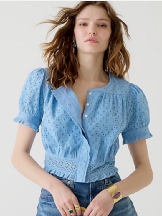 J. Crew Tops - J Crew Babydoll Cropped Top Sz XXL Eyelet Lace 100% Cotton Lined Ruffles Dainty